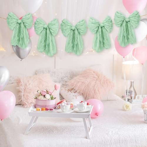 Image of Large Green Bow Garland Banners for Coquette Birthday Party Decorations-Bow Themed Birthday Decor for Baby Shower Bridal Shower Bachelorette Party Wedding Favors Supplies (Green)