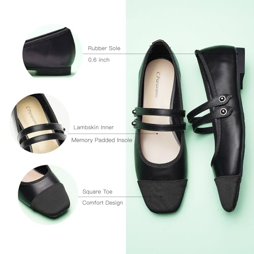 C.Paravano Womens Mary Jane Flats Closed Square Toe Mary Jane Shoes for Women Double Strap Dressy Work Shoes Slip on Ballet Flats Mary Janes for Casual Wedding3
