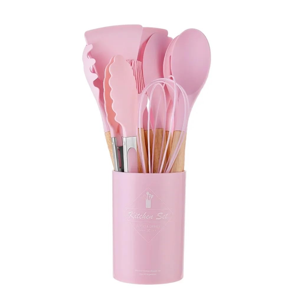 12-teiliges Silikon-Kochutensilien-Set mit Holzgriff, Küchenhelfer, Antihaft-Kochgeschirr, Spatel, Schaufel, Ei, Küchengeschirr, Schlägel (Rosa, 12 Stück)