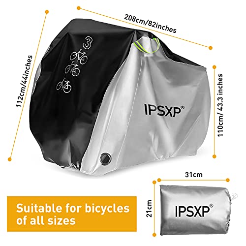 IPSXP Bike Cover for 3 Bikes, Bicycle Cover with Lock Hole Storage Bag for 29er Mountain Road Electric Bike Motorcycle Outdoor Storage, Waterproof, Anti-UV, Ripstop Material(L 208 x H 112 x W 110cm)