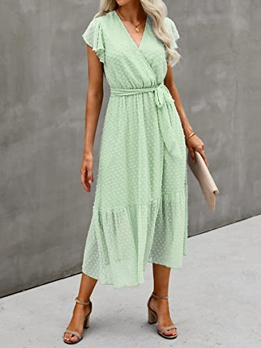 Btfbm Women Summer Bohemian Floral Casual Wrap V Neck Ruffle Cap Sleeveless Belt A-Line Pleated Hem Swing Midi Sun Dress (Swiss Dot Light Green, L) #TOP3