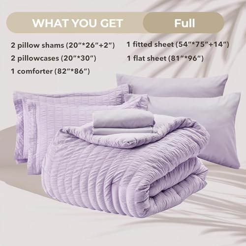 Image of HYMOKEGE Lavender Full Size Comforter Sets Seersucker 7 Pieces, All Season Luxury Bed in a Bag for Bedroom, Bedding Set with Comforters, Sheets, Pillowcases & Shams