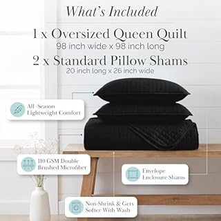 Southshore Fine Living, Inc. Quilts Queen Size Sets, Full Quilt Bedding Set, Pet Hair Resistant Bedding Coverlet Queen Size, Full Size Quilt, Microfiber Comforter with 2 Pillow Shams, Black Quilts