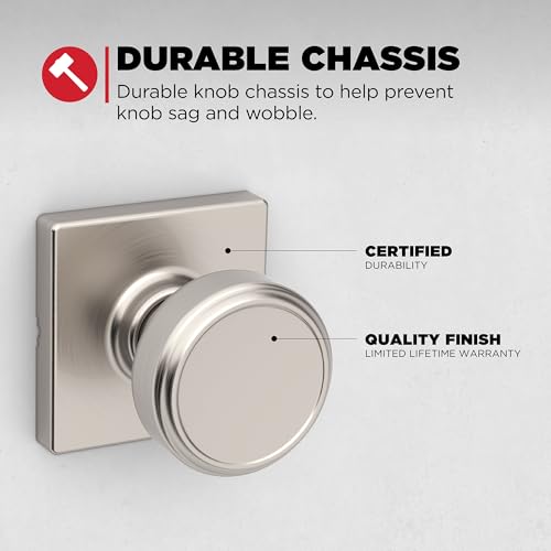 Image of Kwikset Maven Interior Passage Door Knob, Handle for Closet and Hallway Doors, Square Non-Locking Doorknob in Satin Nickel, with Microban Protection
