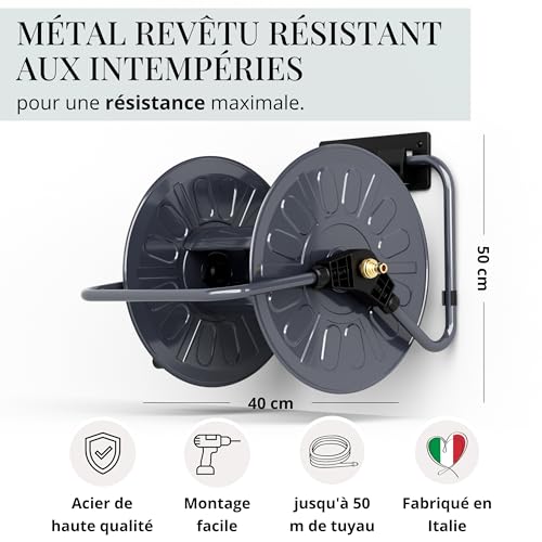 Livlig53 LIVLIG Enrouleur de tuyau d'arrosage en métal de 50 m, avec revêtement par pulvérisation, montage mural et au sol, fabriqué en Italie, anthracite – vue 2