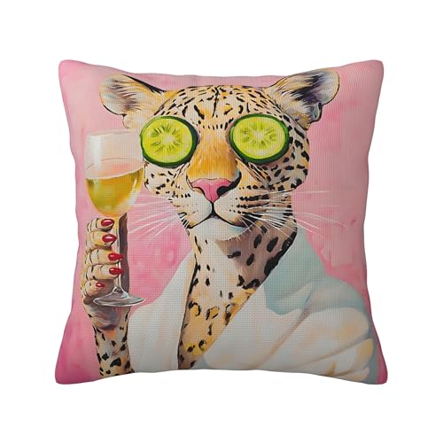 Lot de 1 Housses de Coussin en Lin 45 x 45 cm, Motif léopard Amusant avec tranches de Concombre, Motif Animaux du vin, pour canapé, Voiture