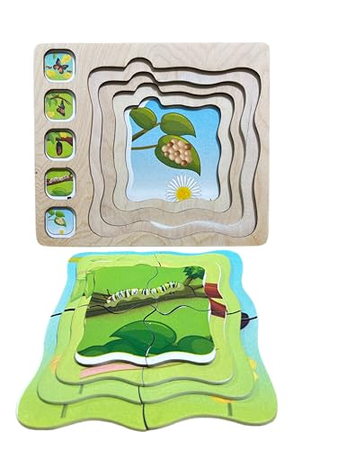 Image of Butterfly Life Cycle Layering Puzzle - Montessori Puzzle for Kids, Wooden Puzzle with Layers Showing Butterfly Transformation, Ages 2+