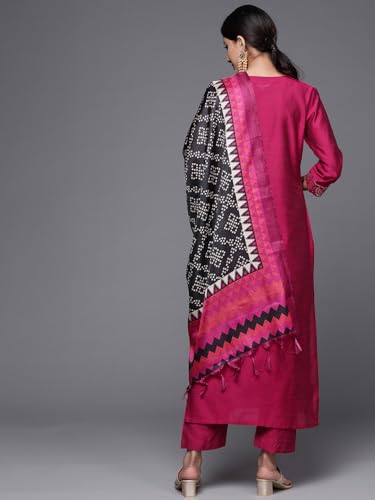 Image of Varanga Women Solid Silk Blend Kurta Trouser Set | Woven Yoke Design | 3 /4 Sleeve | Elastic Waist | Casual Wear