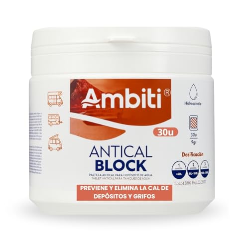 Ambiti | Antical Block | Tabletas para Eliminar y Prevenir la Cal en Depósitos de Agua Limpia, Grises y Grifos | Ideal para Cisternas, Caravanas y WC |Mejora la Calidad del Agua |30 Pastillas de 9 gr