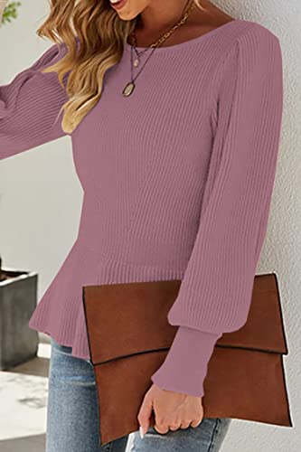 Image of Womens Fall Puff Sleeve Peplum Casual Slim Fit Knit Pullover Sweater Jumper Tops