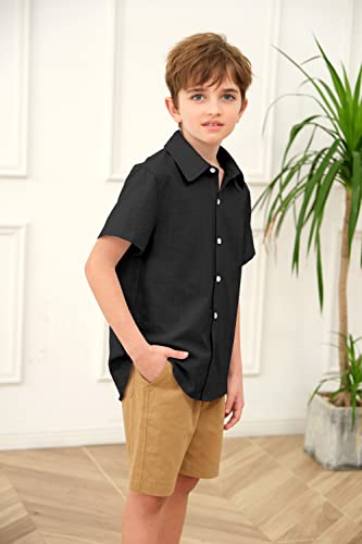 Boys' Button Down Dress Shirts Classic Collared Summer Short Sleeve Tshirt Solid Cotton Tops Black #TOP3