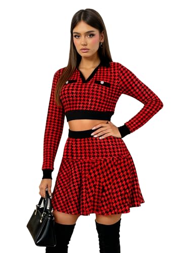 SCHDHTRM Women’s Houndstooth Two Piece Outfit, Long Sleeve Crop Top