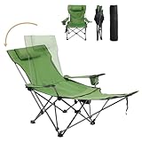 Reclining Camping Chair with Removable Footrest, Adjustable Camping Lounge Beach Chair with Padded Headrest, Cup Holder & Carry Bag, Camp Chair with Foot Rest Lawn Chair for Outdoor Patio,Green