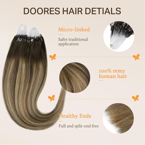DOORES Micro Link Remy Hair Extensions for Women, Balayage Chocolate Brown to Caramel Blonde 18 Inch 50g/50s, Invisible Micro Ring Hair Extensions Straight Hair — view 2