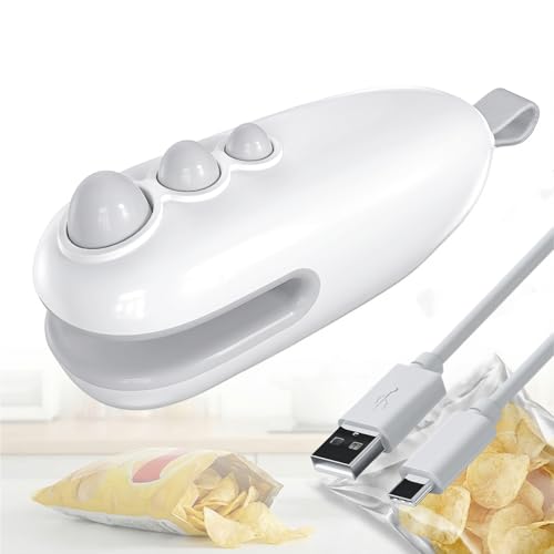 Mini Bag Sealer - 2 in 1 Type-C Rechargeable Heat Sealer & Cutter, Portable Handheld Vacuum Food Storage Sealer for Chip & Snack Bags (White)
