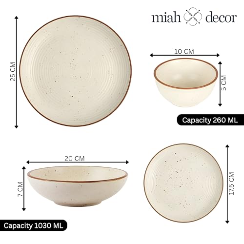 Image of Miah Decor Ceramic Dinner Set- 14-Piece Handmade Stoneware | 4 Bowls, 4 Quarter Plates, 4 Dinner Plates & 2 Serving Bowls | Off White Ribbed Matte Finish | Microwave & Dishwasher Safe | Ideal Gift