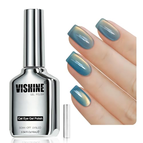 Vishine Ice Glass Smalto Gel Magnetico Occhio di Gatto, 16 ml Gatto Eye Gel Polish Holraphic Glitter Shimmer Translucent Sheer Color Magnet Salon Nail Art (Blue Glow #407)