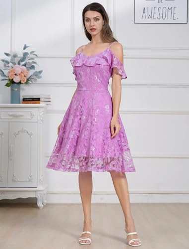 Image of IWEMEK Women Spaghetti Strap Floral Lace Bridesmaid Cocktail Party Dress Cold Shoulder Ruffle Sleeve Wedding Guest Prom Dress