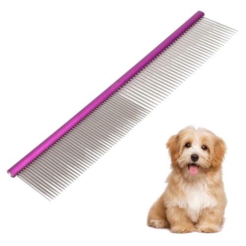 Image of Pet Comb 8 inches Comfortable Grooming Comb with Different-Spaced Rounded Stainless Steel Teeth, Easy Grip and Convenient Grooming for Pets Dog Cat with Medium Coarse Fur - Purple