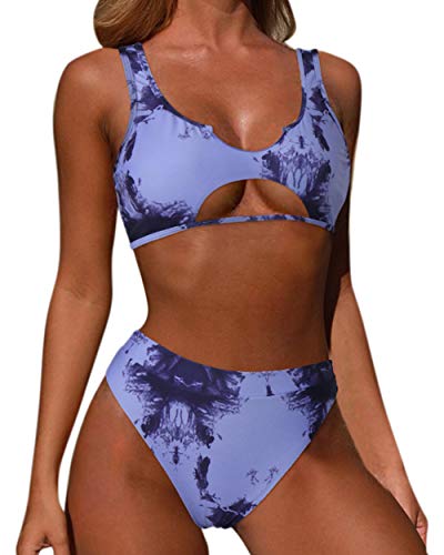 OMKAGI Women Cutout Bikini Top Push Up Cheeky High Waisted Swimsuits Hign Cut(L,1-Blue Tie Dye)