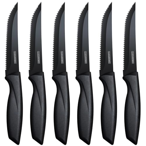 LAZAHOME Steak Knives Set of 6 Serrated Edge Stainless Steel Kitchen Knife with Ergonomic Handle Dishwasher Safe Rust-Proof