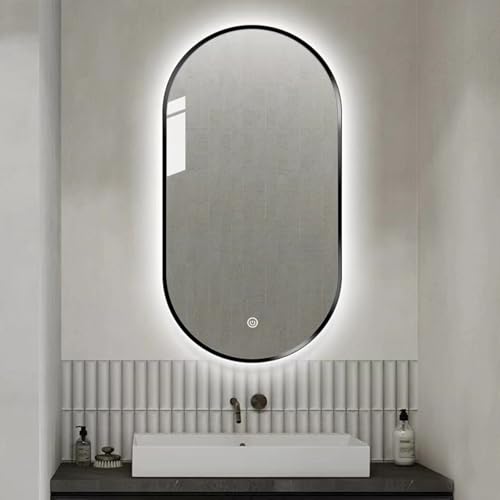 Espejo De Baño LED Ovalado, Espejo De Maquillaje con 3 Temperaturas De Color, Espejo Retroiluminado Iluminado, Espejo De Pared con Marco De Aleación De Aluminio(Size:60x80cm,Color:Negro)