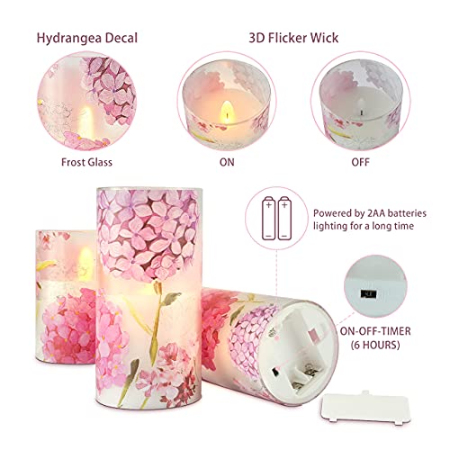 Crystal Club Flameless Candles With Remote, Set Of 3, Battery Operated Led Pillar Candles With Timer, Real Wax Glass Candle With Pink Hydrangea Decal For Home Decoration #TOP2