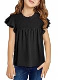 DOKOTOO KIDS Girls Ruffle Trim Top Summer Crewneck Short Sleeve Smocked Shirts Cute Swiss Dot Dress Shirt Tops Black 12-13 Years