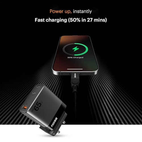 Image of Noise GaN Charger 65W + Type-C to Type-C 65W Braided Cable (1M) Combo: 3 Ports (2 USB-C Type, 1 USB-A), Super Fast Charging Adapter with PD, Supports All iPhones, Android (Black)