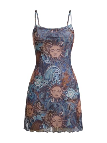 Image of Milumia Women's Summer Mini Dress 90s Boho A Line Mesh Short Dresses | Spaghetti Strap,Sleeveless,Vintage,Paisley Print,Festival Outfits,Cowgirl,Y2k,Goth,