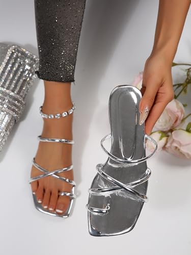 Image of GORGLITTER Women's Metallic Strappy Sparkly Square Toe Cute Dressy Sandals | Sandals Women Comfortable, Dressy Sandals, Slip on Slides, Rose Gold Slipper, Summer Slides