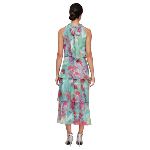 Image of S.L. Fashions Women's Chiffon Midi Tiered Sleeveless Wedding Guest Dress W /Beaded Halter Neckline (Petite and Regular Sizes)
