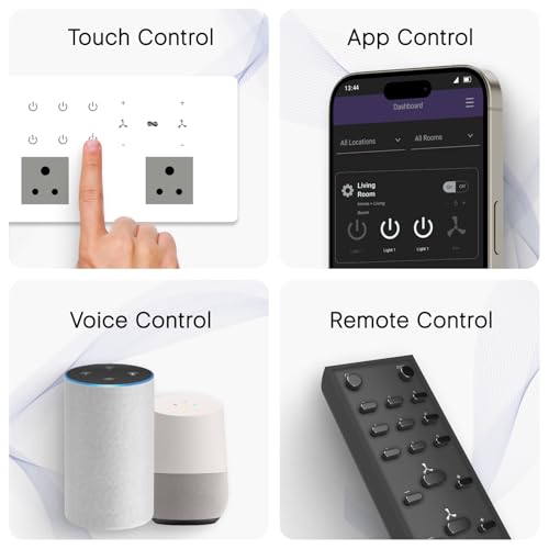 Image of IOTICS Smart Wifi Switch Board: 6 x Switch, 2 Fan & 2 Smart Plug Module. Touch Control, Remote, App Control. Voice Control with Alexa & Assistant. Smart Touch Switch Board For Home Automation (White)