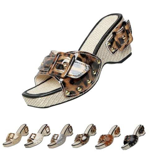Studded Buckle Square Toe Wedge Slide Sandals Women'S Summer Thick-Heeled Slippers With Buckle Designs Open Toe Slip On (Leopard