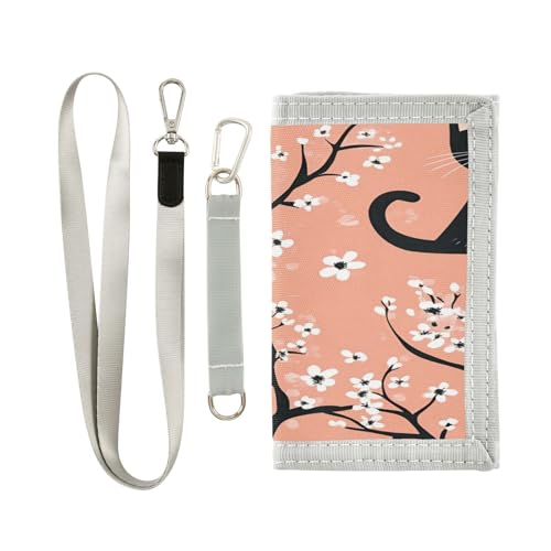 BOESI Doodle Black Cat and Flower Velcro Wallet, Canvas Wallet, Tri-fold Wallet, Unisex