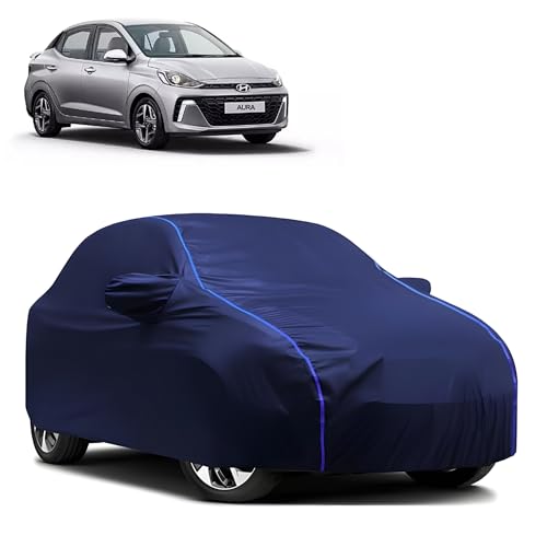 Image of Kerwa Car Body Cover Waterproof with Hyundai Aura, Dust & UV Resistant All-Weather Proof Full Body Cover, Blue with Blue Lining, Triple Stitch Elasticated Bottom with Mirror Pocket