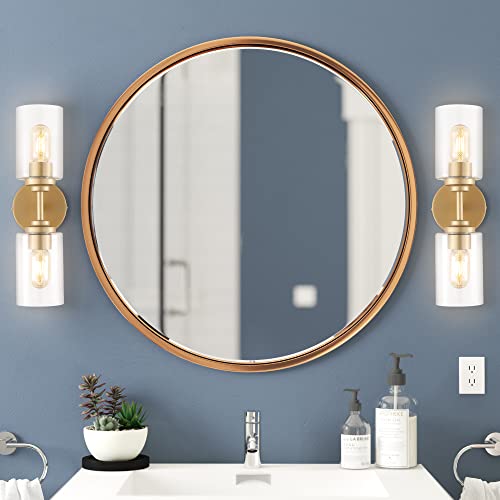 Image of JONATHAN Y 16 inch Brass Gold /Clear Farmhouse 2-Light Wall Sconce, Industrial Vanity Light for Bathroom Mirror, Entryway, Hallway, Clear Glass Cylinder Shades, LED Bulbs (JYL9548B)