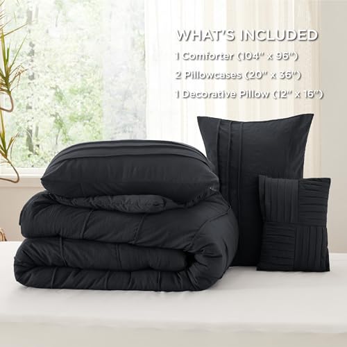 Image of Bedsure California King Comforter Set - 4 Pieces Pinch Pleat Bed Set, Black Boho Bedding for All Season, 1 Soft Comforter, 2 Pillowcases, 1 Decorative Pillow