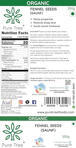 Image of Pure Tree Certified Organic Fennel Seeds | Saunf, Variyali | Perumjeerakam Whole Spices Sombu Whole | Fennel Seeds Saunf | Organic Saunf Rich Flavour Sombu, 350 gram