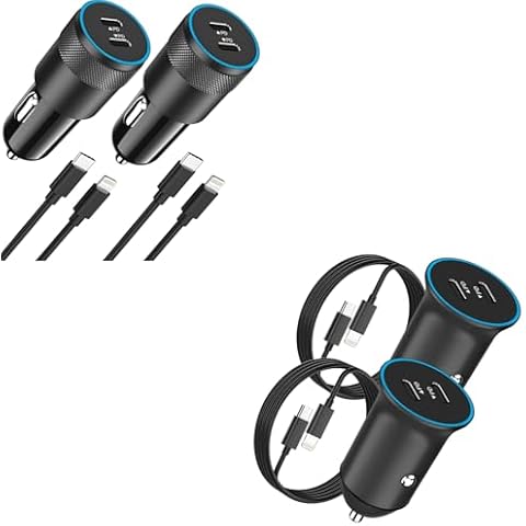 2 Pack Dual PD Cigarette Lighter Block Type C Fast Charging Car Plug with 3.3FT Lightning Cable + 30W Dual Port PD Mini Cigarette Lighter Adapter with 2 Pack 3.3FT C-Lightning Cable Cover