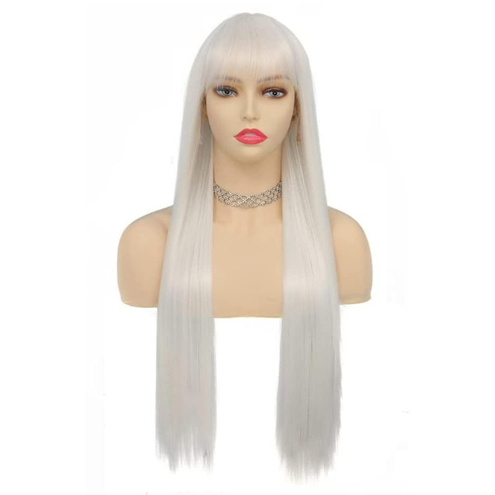 Siudus Womens White Straight Long Wigs with Bangs Cosplay Synthetic Fibre Hair Wig for Party Halloween Use - Image 3