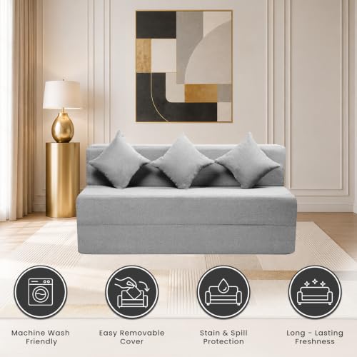 Image of Seventh Heaven Rejioce 4 Seater 6 * 6 Jute Fabric Washable Cover Sofa Cum Bed with 3 Cushions 4 Seater Double Foam Fold Out Sofa Cum Bed (Finish Color - Light Grey Delivery Condition - Pre-Assembled)