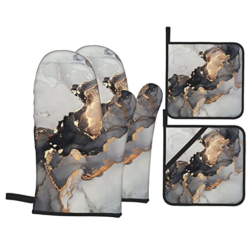 Oven Mitts And Pot Holders Sets Of 4 Marble Gray Gradient Abstract Splash Kitchen Potholder Gloves Heat Resistant Non-Slip For Chef Baking Cooking Grilling Bbq Mittens #TOP7