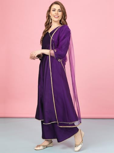 Image of A.T.U.N. (ALL THINGS UBER NICE) Cotton Women Anarkali Paneled Kurta With Palazzos & Dupatta
