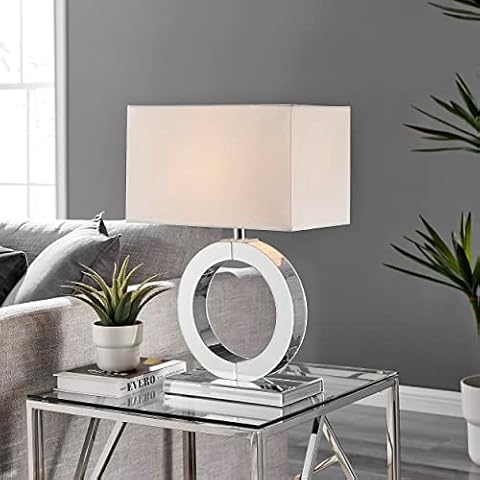 Furniturebox UK Lighting - Chloe Table Desk Lamp Light (Including Bulb) - Mirrored Statement Base Featuring Round Halo Design & White Rectangular Fabric Lampshade - Glam Modern Retro Statement Lamp Cover