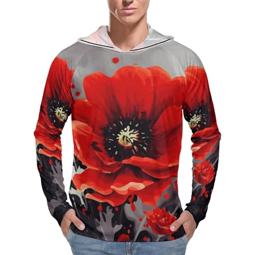 Men's Sun Shirts UPF 50+ Rash Guard Long Sleeve Sun Protection Hoodie Dancing Red Flower Lightweight Shirt L