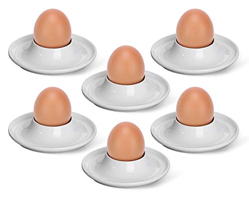 VanEnjoy White Porcelain Egg Cups Trays with Base, Soft Boiled Egg Cup Holders Plates - Pack of 6