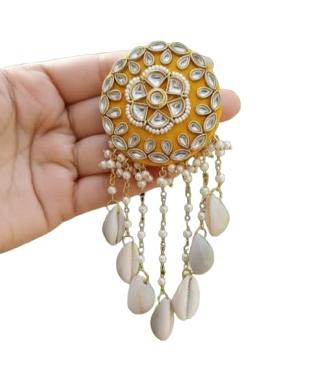 Handmade Traditional Brooch for Women | Ethnic Decorative Brooch Pin with Kundan Work, Pearls & Cowrie Shell Hanging | Saree, Lehenga, Dupatta & Blouse Accessory(Yellow)-image-46