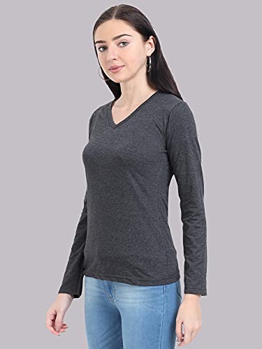 Image of FLEXIMAA Women's Cotton Plain V Neck Full Sleeve T-Shirt