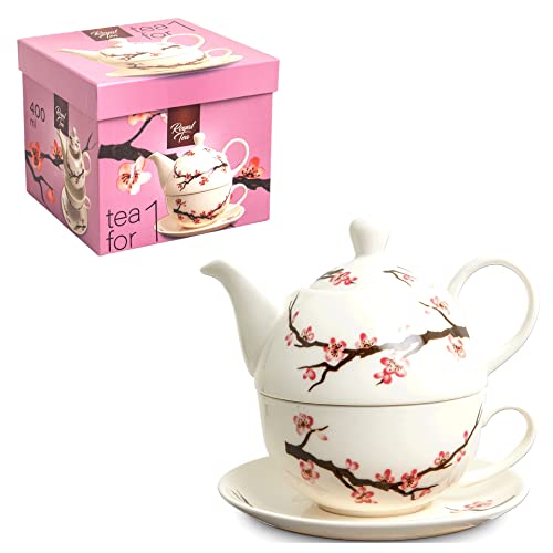 Lujo - Tetera - 3 piezas - Juego de té japonés - Sakura - Hecho a mano - Tea for one - 100% Porcelana - Tetera de doble pared - Con platillo - Taza de té